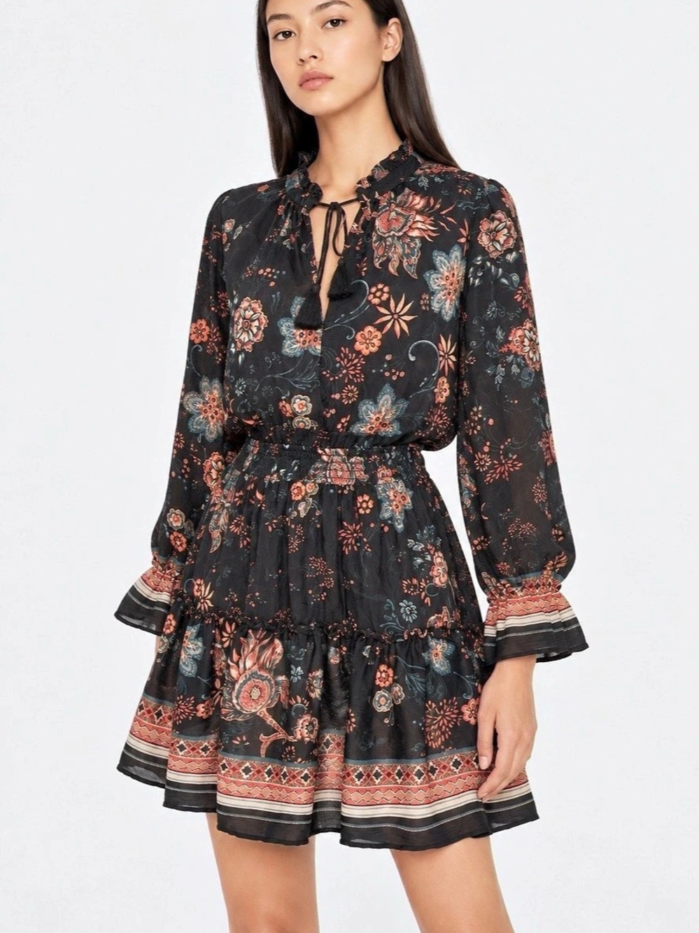 Lovestitch Floral Paisley Smocked Waist Ruffle Mini Dress Size M